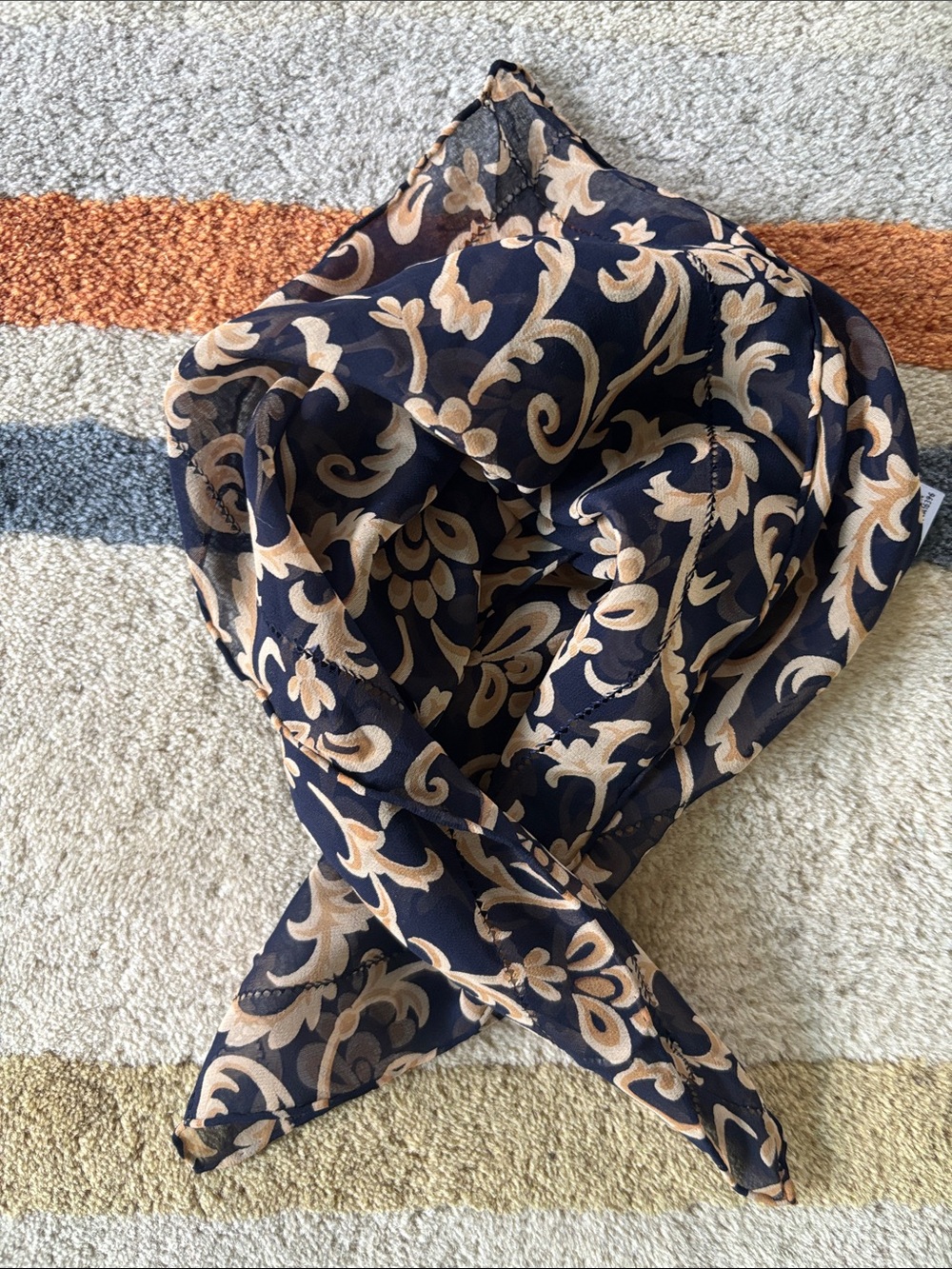 Liz Claiborne Small 100% Silk Black Scarf with Tan Scroll Pattern